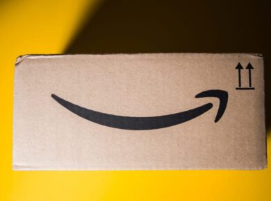 Amazon box on a yellow background